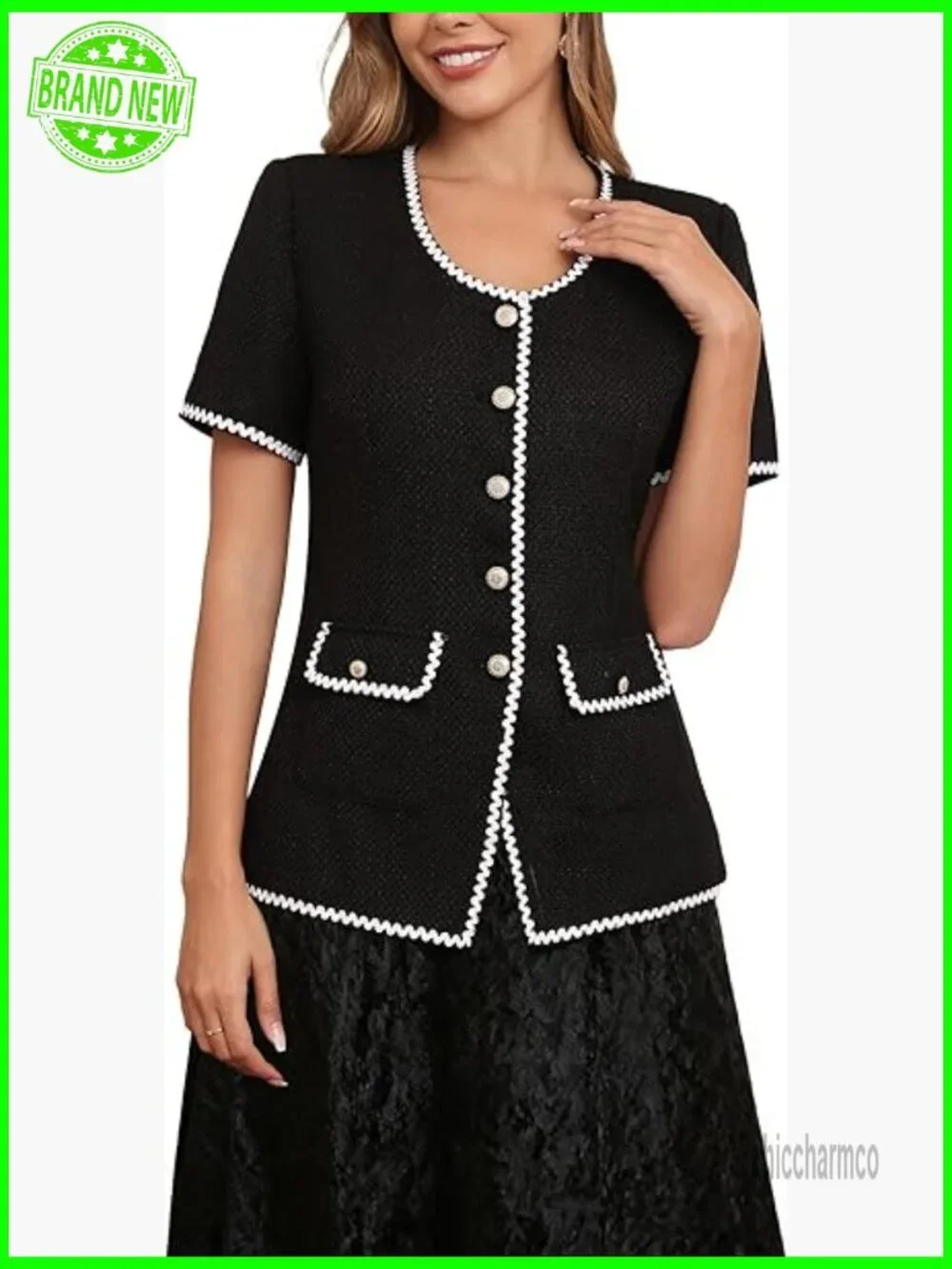 Tweed Blazer Jackets for Women Elegant Short Sleeve Office Outfit with Braid